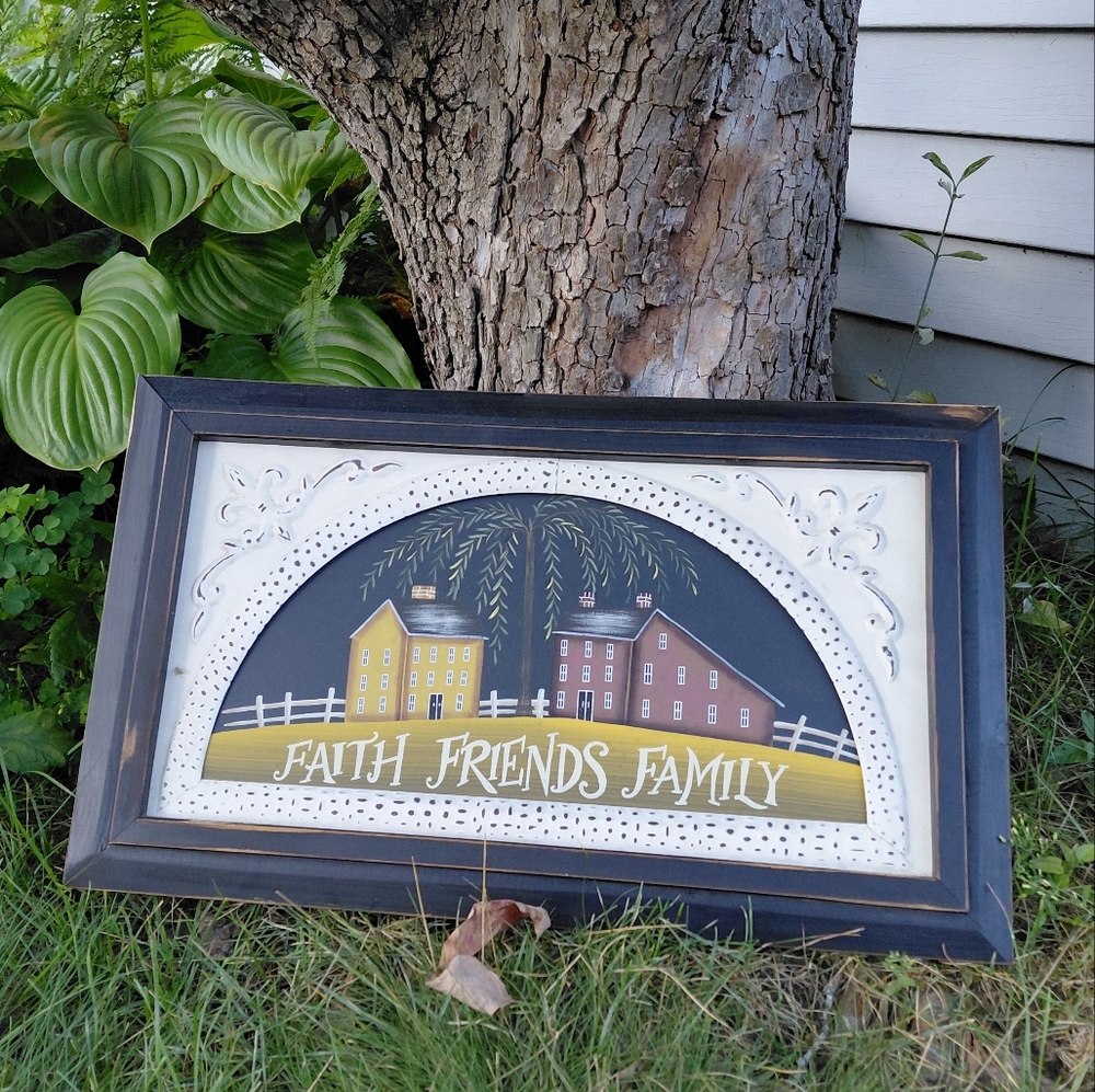 Wood & rustic metal framed saltbox folk painting - friends faith family wall art